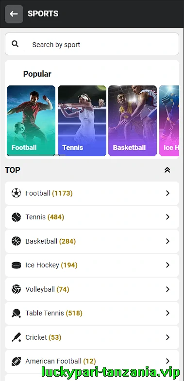 LuckyPari Sports categories selection screen